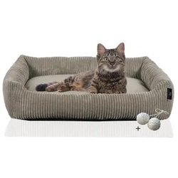 Rohrschneider ® Katzenbett waschbar mit Gratis-Beigabe, robuster Breit-Cordstoff taupe