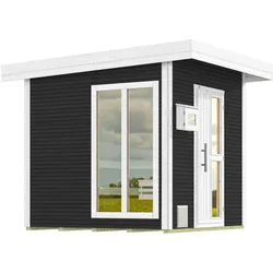 Weka Blockbohlen Saunahaus Kuopio - 45 mm Blockbohlenanthrazit Inkl. bodentiefem Fenster 9 kW finnischem Saunaofen OS mit Ofenschutz, Anschlusskabel, analoger Steuerung