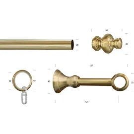 GARESA Gardinenstange GARESA "ANDREA", gold (mattmessingfarben), L:150cm Ø:20mm, Metall, Gardinenstangen, Vorhanggarnitur, verlängerbar, Endknopf Profil groß, mit Ringen