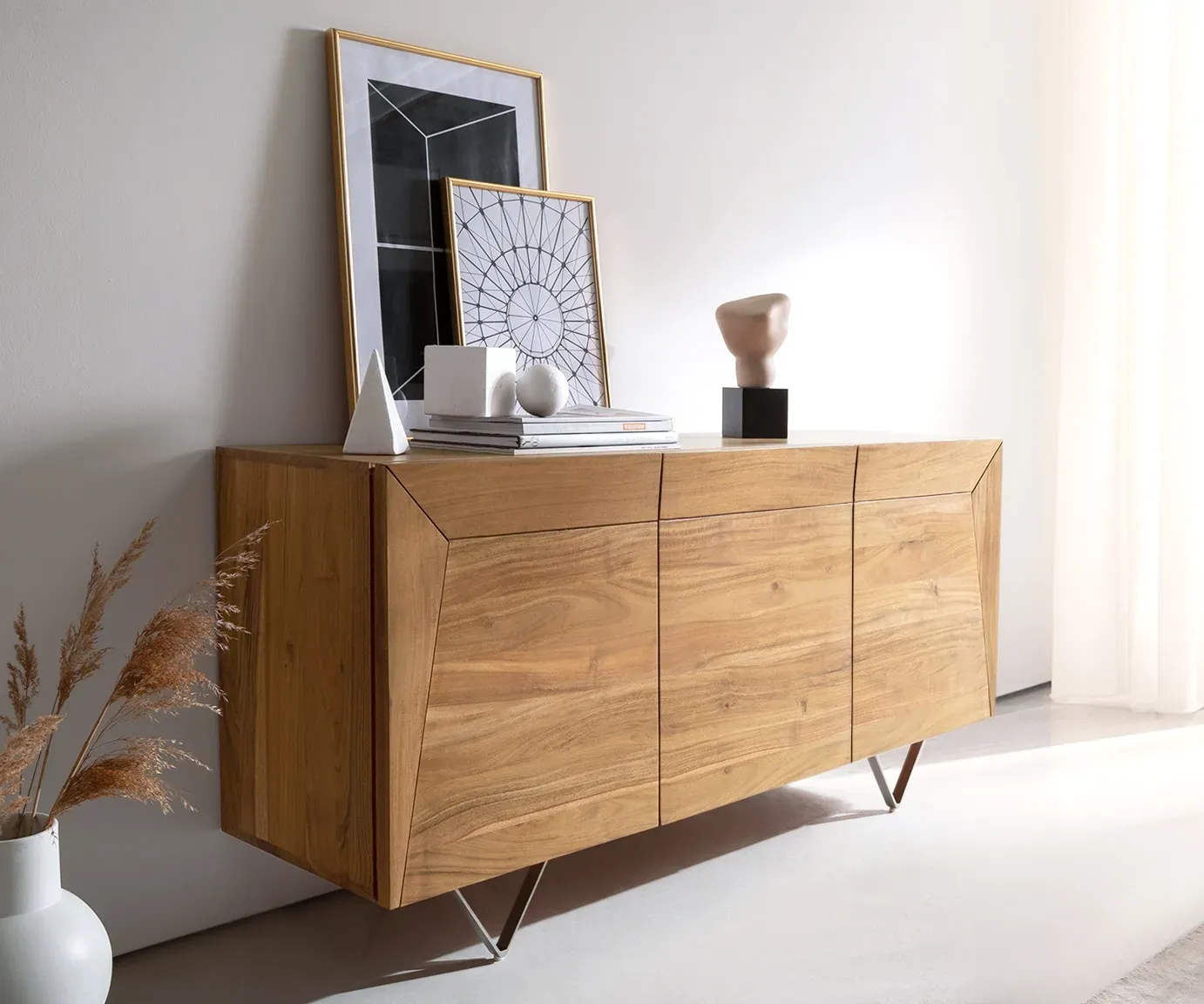 DELIFE Buffet Kayu 145x40x70 cm acacia naturel 3 portes pied en V, Buffets