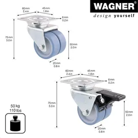 Wagner Strandkorbrollen 4tlg. Set/Apparaterollen/Doppelrollen - ULTRASOFT - Durchmesser Ø 50 mm, Bauhöhe 75 mm, 2 Feststeller, Anschraubplatte 60 x 60 mm, Tragkraft 300 kg/Set - 02155200