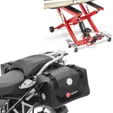 Set: Motorrad Hebebühne Midlift XL bis 500kg in rot ConStands mit Satteltaschen Wasserdicht RB25 mit Rollverschluss