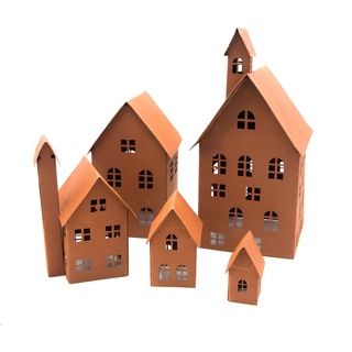 UNUS Deko Häuser 5er Set, Lichthäuser aus Metall, Edelrost Herbstdeko Outdoor, Weihnachtsdorf für Garten, Terrasse oder Balkon