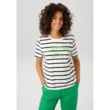 Aniston CASUAL T-Shirt ANISTON CASUAL, Damen, Gr. 48, schwarz (wollweiß, schwarz, apfelgrün), Single Jersey, Obermaterial: 100% Baumwolle, geringelt, gestreift, lässig geschnitten hüftlang, Rundhals, Shirts T-Shirt, im Streifen-Dessin mit Statement-Schriftzug