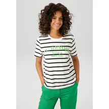 Aniston CASUAL T-Shirt ANISTON CASUAL, Damen, Gr. 48, schwarz (wollweiß, schwarz, apfelgrün), Single Jersey, Obermaterial: 100% Baumwolle, geringelt, gestreift, lässig geschnitten hüftlang, Rundhals, Shirts T-Shirt, im Streifen-Dessin mit Statement-Schriftzug