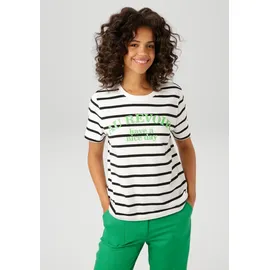 Aniston CASUAL T-Shirt ANISTON CASUAL, Damen, Gr. 48, schwarz (wollweiß, schwarz, apfelgrün), Single Jersey, Obermaterial: 100% Baumwolle, geringelt, gestreift, lässig geschnitten hüftlang, Rundhals, Shirts T-Shirt, im Streifen-Dessin mit Statement-Schriftzug