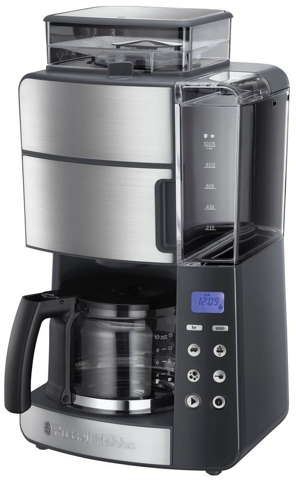 RUSSELL HOBBS Kaffeemaschine mit Mahlwerk Grind & Brew 25610-56, 1,25l Kaffeekanne, Papierfilter 1x4 schwarz|silberfarben
