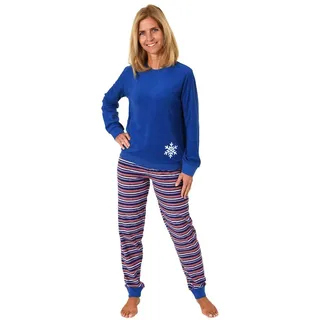 Damen Frottee Pyjama mit Rundhals, Uni Oberteil, Flocke, Ringel Hose, Blau, 59895, Gr. M 40/42 - 40-42