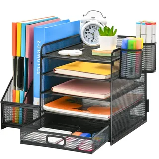 Marbrasse Schreibtisch Organizer mit Aktenhalter, 5 Ebenen Papier Briefablage mit Schublade und 2 Stiftehalter,Schreibtisch Netz Ablagefächer Organizer mit für Büro Bedarf