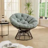 Ergonomischer Papasan Sessel mit 360° Drehfunktion, Indoor & Outdoor Rattan Stuhl mit weichem hellgrünen Kissen, ideal für Wohnzimmer & Balkon - Grün