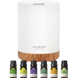 ASAKUKI Aroma Diffuser mit Ätherische Öle Set, 300ml Aromatherapie Luftbefeuchter mit 6 * 10ML Öle Set, 14 LED-Farben & automatischer Abschaltung -Geschenk