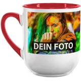 Elegante Fototasse selbst gestalten - mit Foto & Text Personalisieren - Edle Tasse mit abgerundetem Boden - Keramik Innen & Henkel Rot, 250ml