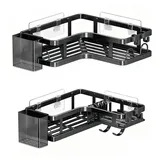 2 Duschablage Ohne Bohren,Selbstklebend Eckregal Badezimmer Organizer, Duschregal Edelstahl mit 4 Haken und 2 Zahnpasta Halter, Schwarz Duschablage Duschkorb für Bad Küche