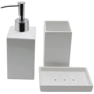 Flair 998192 Bad Accessoires Set 3 teilig Zahnputzbecher Seifenspender Seifenschale Keramik weiß eckig
