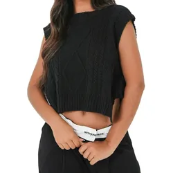 Sixth June Damen Sommer-Top Crop-Top mit gedrehten Schnüren Strick-Shirt W12609KKN Schwarz - S