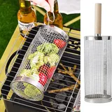 Huacan Grillkäfig Rundgrill Eimer Outdoor Räucherkäfig Tragbarer Grillofen Drehender Rollkäfig aus Edelstahl Klein