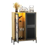 UEV Weinschrank Kaffeeschrank mit Tassenhalter, Küchenschrank, Kommode mit 3 Türen (Rattan-Design,Einstellbare LED-Leuchte,Anti-Kipp System) Herausnehmbare Einlegeböden, Weinglashalter, Glasregale schwarz