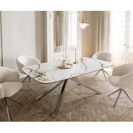 DeLife Esstisch Edge Boot 200x100 Keramik Calacatta Luxe Weiß-Gold-Grau Kreuzgestell Rechteck Edelstahl, Esstische