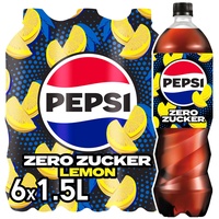 Pepsi Zero Zucker Lemon, Das zuckerfreie Erfrischungsgetränk von Pepsi ohne Kalorien, Koffeinhaltige Cola mit Zitronengeschmack in der Flasche, EINWEG (6 x 1.5 l) (Verpackungsdesign kann abweichen)