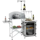 Outsunny Campingküche klappbar, Outdoor Küche mit UV-Schutz, Windschutz, Schränkfach, 3 Arbeitsplatten, Lichtständer, Aluminium, für Camping, Garten, Silber