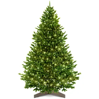 Weihnachtsbaum künstlich [100% Spritzguss] - Naturgetreuer Tannenbaum mit Stabiler Spitze | Premium Nordmanntanne inkl. FSC zertifiziertem Holzständer & reißfester Tasche (mit Beleuchtung, 150 cm)