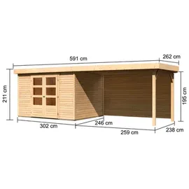 Karibu Gartenhaus Askola 5 mit 280 cm Schleppdach und Rückwand – 19 mm-302 x 246 cm-naturbelassen