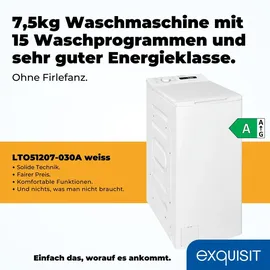 GGV Exquisit Exquisit Waschmaschine 7,5kg, Toplader, Waschmaschine schmal, Energieklasse A, 1200 U/Min, Startzeitvorwahl, Kurzprogramm, LTO51207-030A weiss