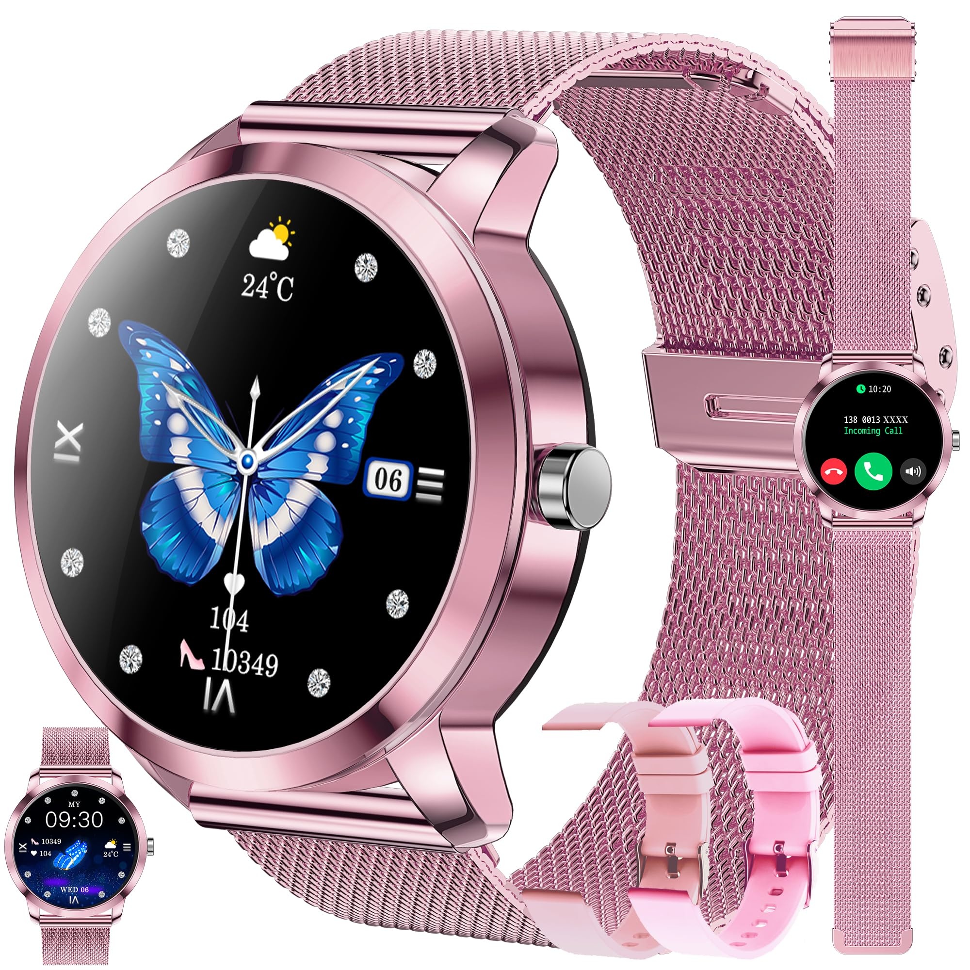 Smartwatch Damen mit Telefonfunktion, 1,09 Zoll Touchscreen Stahl Smart Watch mit 123 Sport|SpO2|Menstruationszyklus|Herzfrequenzmonitor|Schlafmonitor|Sportuhr Aktivitätstracker für Android iOS (Rosa)