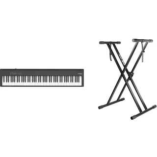 Roland FP-30X Digital Piano, Das extrem beliebte tragbare Piano – Überarbeitet (schwarz) & RockJam Xfinity Doublebraced Pre Assembled Keyboard Stand with Locking Straps