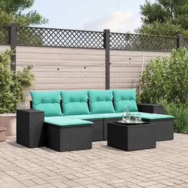 vidaXL 7-teiliges Gartensofa-Set mit Kissen, schwarzes Polyrattan - Schwarz