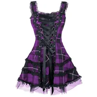 Minetom Damen Gothic Kleid Kariertes Schnüren Minikleid Strap Kleid Street Punk Cosplay Kleid Steampunk Vintage Rockabilly Kleid Violett XL - XL