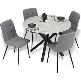 Homestyle4u Essgruppe mit 4 Stühlen 5 tlg Esstisch rund 110 cm Set Sitzgruppe Küchentisch Esszimmer Esszimmergruppe - Grau