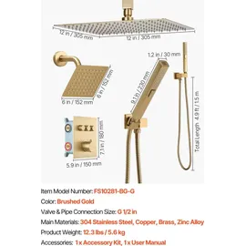 Vevor Duschsystem-Set mit 12 Zoll Regenduschsystem / 6 Zoll Wandmontagekopf / 2 in 1 Handbrause, drehbarer Doppelregenkopf (3 Funktionen), Messingventil und Verkleidungssatz, gebürstetem Gold
