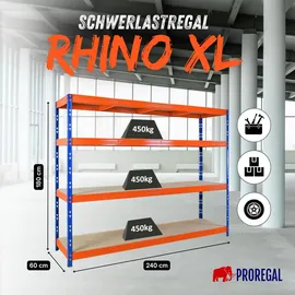 Proregal Schwerlastregal Metall 180x240x60cm Blau/Orange 4 Spanplatten-Ebenen 8mm Fachlast 450kg