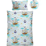biberna Linon Kinder-Bettwäsche 'Schiffe' 100 x 135 cm) - Hellblau