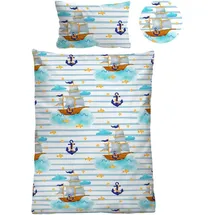 biberna Linon Kinder-Bettwäsche 'Schiffe' 100 x 135 cm) - Hellblau