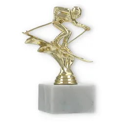 Pokal Kunststofffigur Ski Abfahrt gold auf weißem Marmorsockel 15,6cm