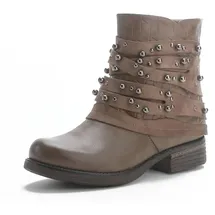 pogolino Damen Stiefeletten Nieten Biker Boots mit Reißverschluß flach bequem Stiefel ST016 Braun 40 - 40 EU