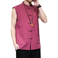 ZALTAS Chinesische Leinenhülsenweste für Männer Kung Fu Kleidung Tops Retro lose Weste Coat Martial Uniformen red-M