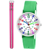 Pacific Time Kinder Armbanduhr Mädchen Jungen Lernuhr Kinderuhr Set 2 Textil Armband grün + pink reflektierend analog Quarz 11111