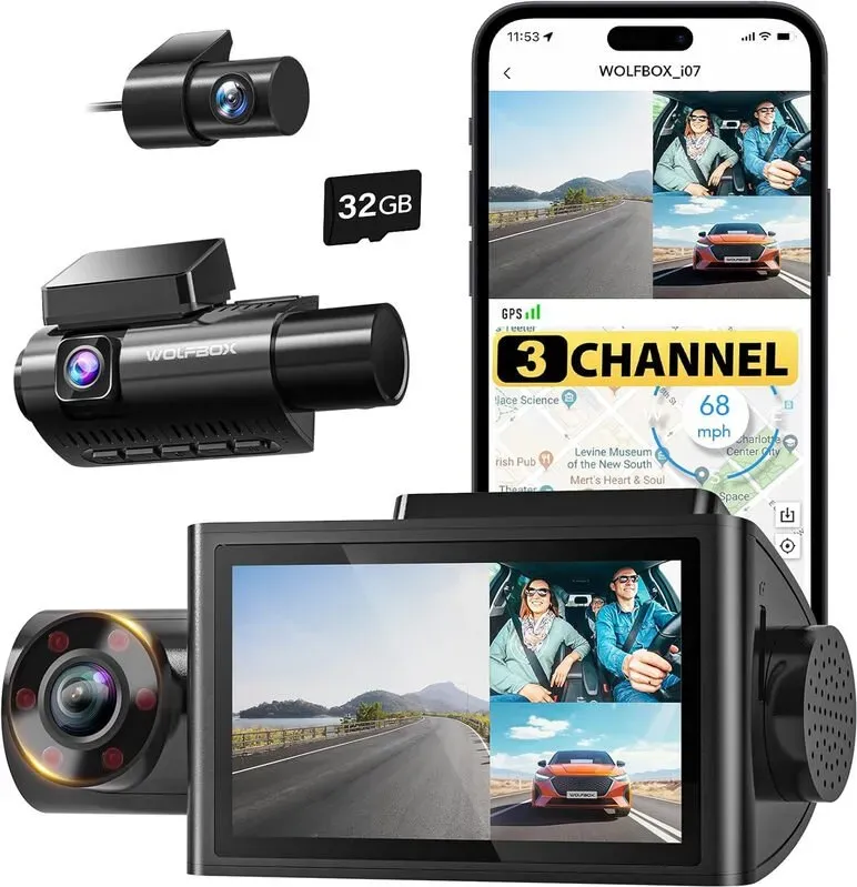 WOLFBOX i07 3-Kanal-Dashcam mit integriertem WLAN und GPS, 4K-Dashcam für Front- und Innenbereich, 1440P+1080P+1080P Triple-Car-Kamera mit 3-Zoll-LCD-Display, 32GB-Karte im Lieferumfang enthalten, IR-Nachtsicht, 24-Stunden-Parkmodus