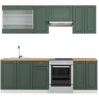 Vicco Küchenzeile Fame-Line, Küchenschränke Grün-Gold Landhaus/Weiß 240 cm, AP
