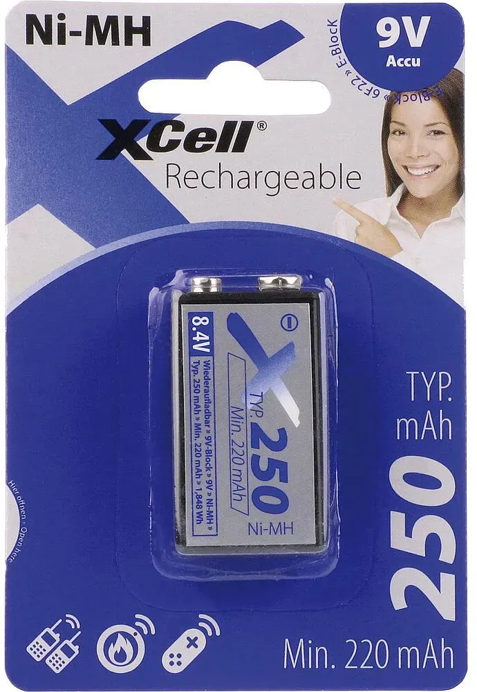 Ni-MH Akku-Zellen (9V Block) 250 mAh 1er Blister Xcell