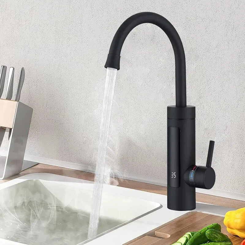 HOMELODY Elektrischer Wasserhahn mit Schnellwassererhitzer 230 V, Küchenwassererhitzer Küchen-LED-Elektrischer Edelstahl-Wasserhahn [Energieeffizienzklasse C] - Mattschwarz