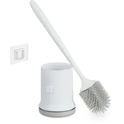 Relaxdays Toilettenbürste mit Wandhalterung, schnelltrocknend, WC-Bürste, Behälter, ohne Bohren, Kunststoff, weiß-grau