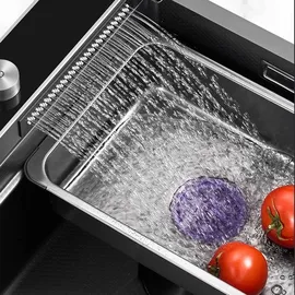 faizee home Küchenspüle Nano Innovative Küchenspüle Graphit 75 x 46 cm mit Armatur - Schwarz