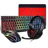 Ouitble Gaming Tastatur Maus Headset Set mit Mousepad 4 in 1 RGB Gaming Combo Set für PC/PS4/Xbox-Gamer, RGB Beleuchtete Tastatur, 4 Farben LED Gaming Maus, 3,5-mm-Gaming-Kopfhörer
