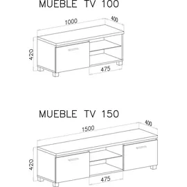 SKRAUT HOME - Modularer TV-Schrank für Wohnzimmer - 42 x 100 x 40 cm - Integriertes LED-Beleuchtungssystem - Geeignet für 32/40/43" Fernseher - Tür mit Griff - Glasregal