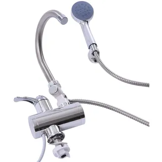 Elektrischer Durchlauferhitzer Wasserhahn mit Dusche Warmwasser, Warmwasserbereiter, Warmwasserhahn, Wasserboiler, für Küche, Garten, Bad, Wohnwagen, Camping, Haushalte, Silber