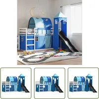 The Living Store - Etagenbett mit Rutsche und Gardinen Blau 90x190 cm - Kinderhochbett - Holzbett - Etagenbett - Hochbett Mit Rutsche